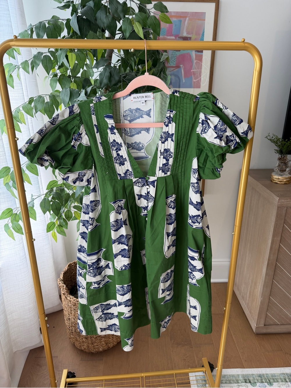 HUNTER BELL Green and Navy Printed Puff-Sleeve
